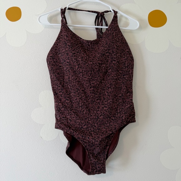 Athleta Choclate Floral Camo Keyhole Back One Piece Swimsuit Brown - Picture 3 of 8